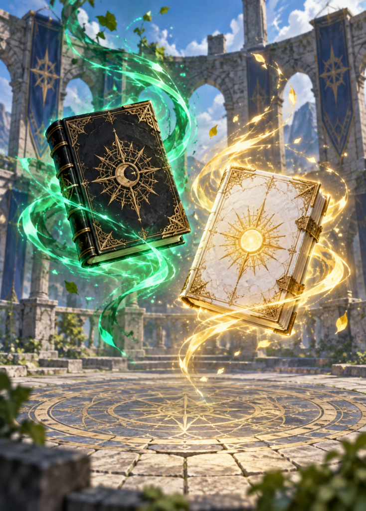 黒と白の魔導書が舞う石造りの訓練場