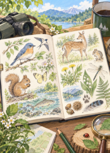 手描きの動植物スケッチが広がる楽しい観察ノート