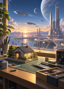 宇宙港を望む小さな一戸建て模型と遠くの宇宙船