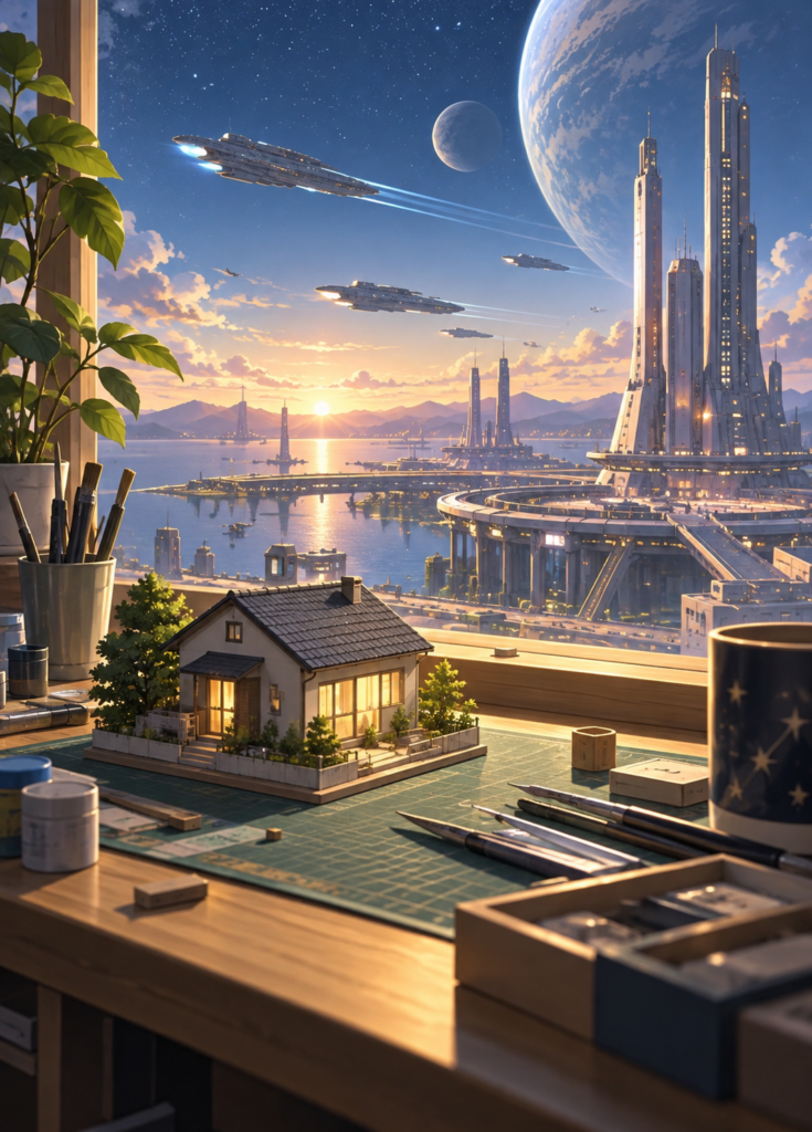 宇宙港を望む小さな一戸建て模型と遠くの宇宙船