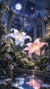 二色の魔法の花と双子星が輝く夜の温室