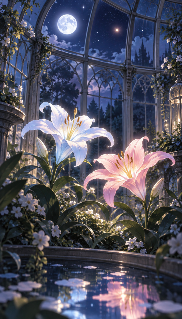 二色の魔法の花と双子星が輝く夜の温室