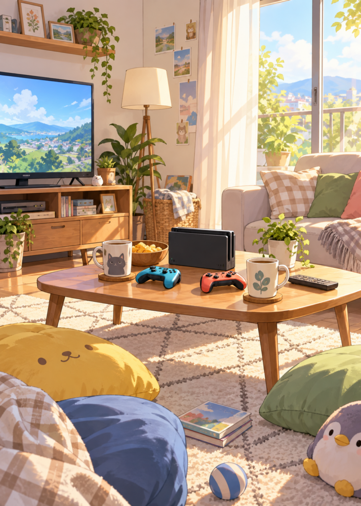 陽だまりのリビングとゲーム機、家族の日常を感じる小物