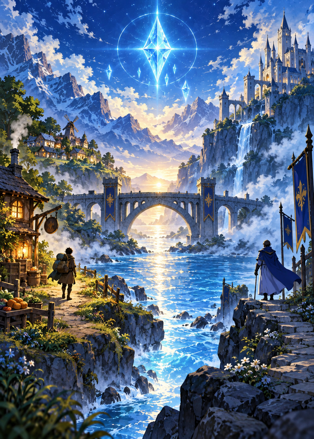 青い幻想世界と二人の旅人のイメージ画像